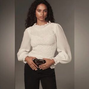 By Anthropologie Balloon-Sleeve Smocked Peplum Blouse
Top in White size M
